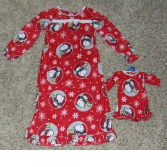*Christmas Nightgown sz 6 Snoopy & 18" Doll Gown Red Fleece Long Sleeve Girls - Picture 2 of 5